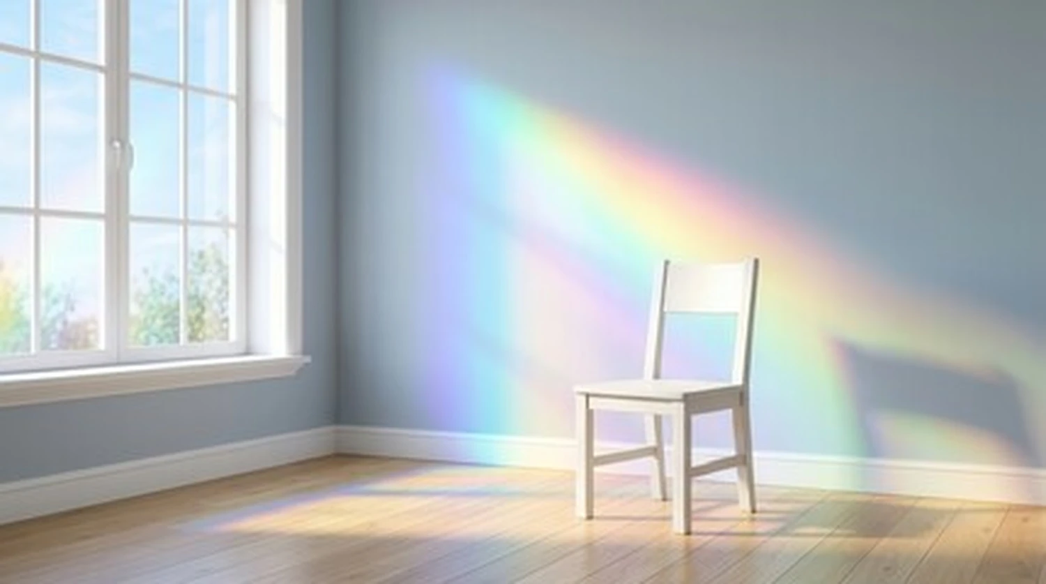 Bianca Sommer Psychotherapie - In einem minimalistisch eingerichteten, sonnendurchfluteten Raum steht ein einzelner weißer Stuhl, während ein sanfter Lichtbogen in den Farben des Regenbogens aus einem nahegelegenen Fenster über die blaue Wand strömt.