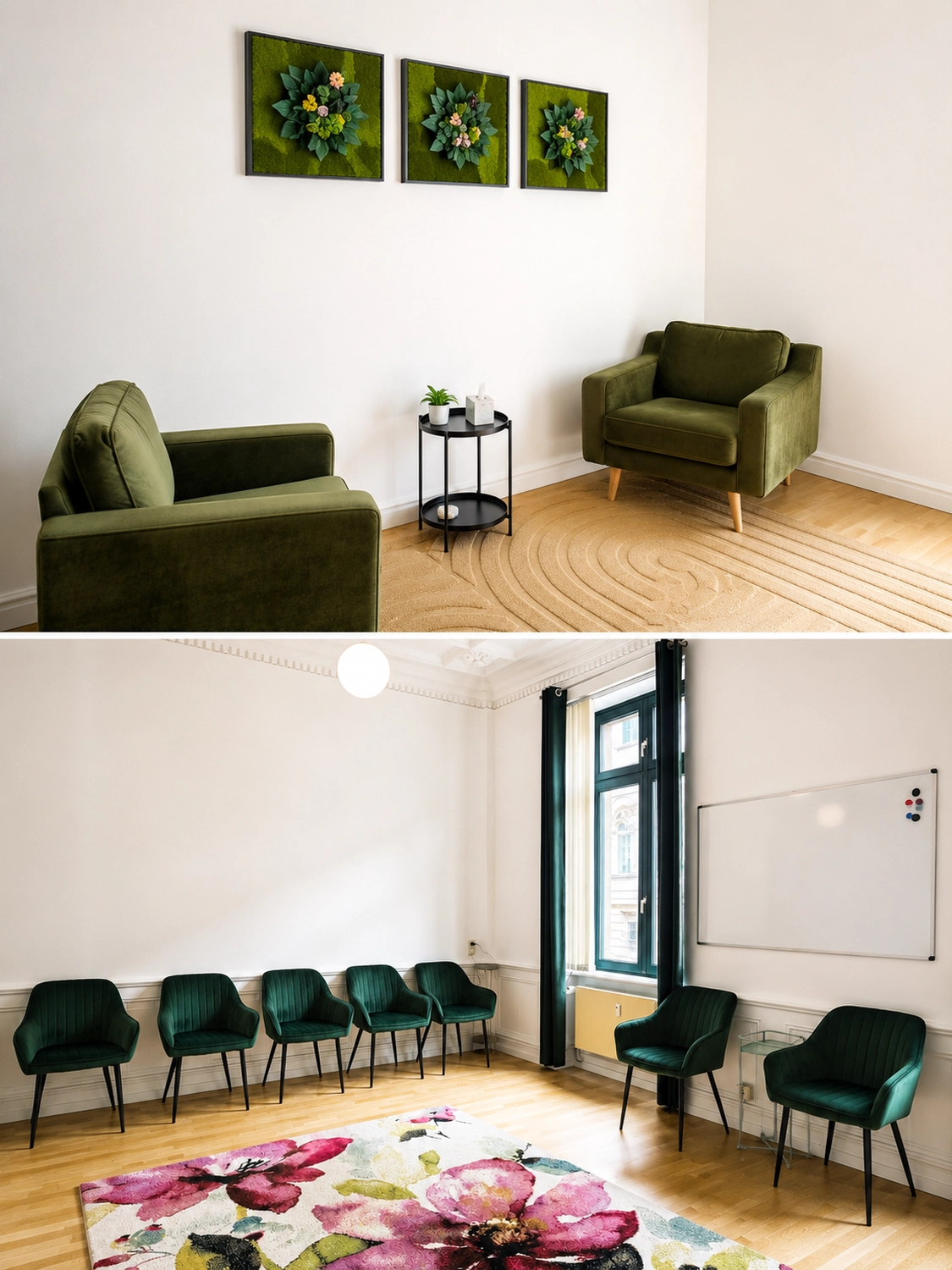 Bianca Sommer Psychotherapie - Ein geteiltes Bild, das zwei ruhige, minimalistisch eingerichtete Therapieräume zeigt: einen mit zwei grünen Sesseln und Kunstwerken an der Wand und den anderen mit einer Reihe blauer Stühle, einem blumigen Teppich und einer Weißwandtafel neben einem großen Fenster.